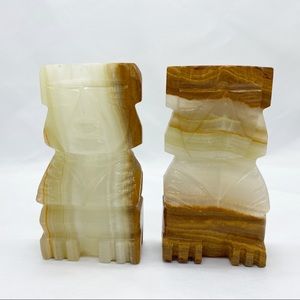 Vintage Carved Aztec Mayan Onyx Stone Bookends